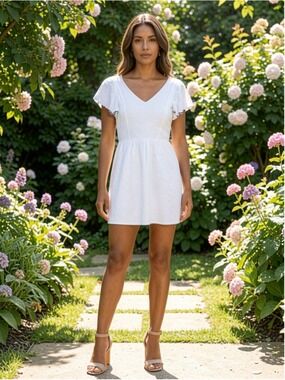 CKH Clockhouse V-Neck Embroidered Backless Flutter Babydoll White Mini Dress